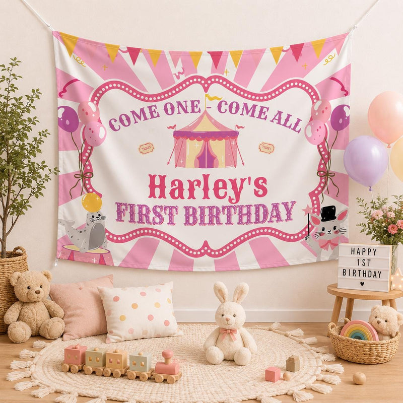 Custom First Birthday Girl Shirt with Pastel Circus Tent Design, Soft Pink Carnival Outfit, Baby Party Banner and Big Top Theme Decor