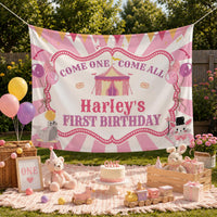 Custom First Birthday Girl Shirt with Pastel Circus Tent Design, Soft Pink Carnival Outfit, Baby Party Banner and Big Top Theme Decor