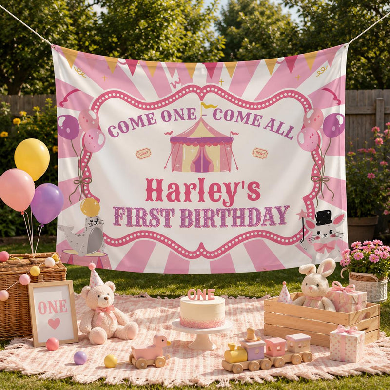 Custom First Birthday Girl Shirt with Pastel Circus Tent Design, Soft Pink Carnival Outfit, Baby Party Banner and Big Top Theme Decor