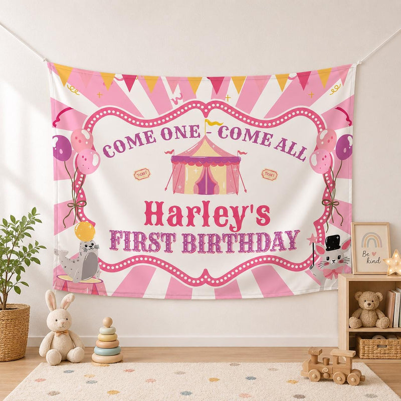 Custom First Birthday Girl Shirt with Pastel Circus Tent Design, Soft Pink Carnival Outfit, Baby Party Banner and Big Top Theme Decor