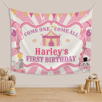 Custom First Birthday Girl Shirt with Pastel Circus Tent Design, Soft Pink Carnival Outfit, Baby Party Banner and Big Top Theme Decor