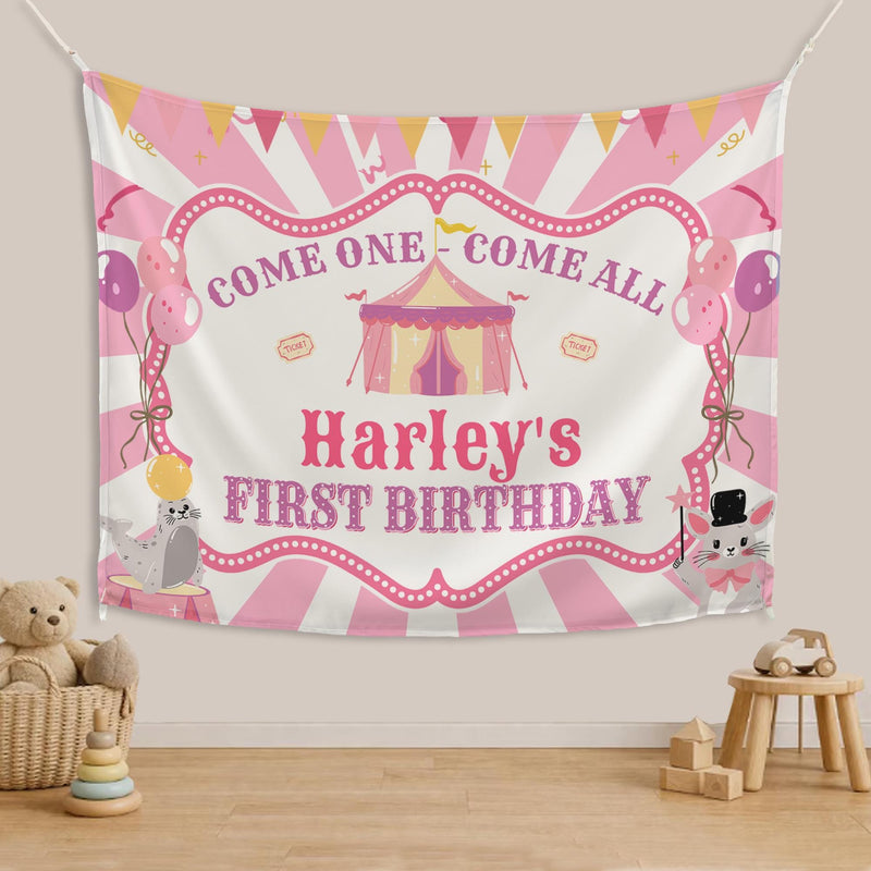 Custom First Birthday Girl Shirt with Pastel Circus Tent Design, Soft Pink Carnival Outfit, Baby Party Banner and Big Top Theme Decor