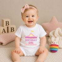 Custom First Birthday Girl Shirt with Pastel Circus Tent Design, Soft Pink Carnival Outfit, Baby Party Banner and Big Top Theme Decor