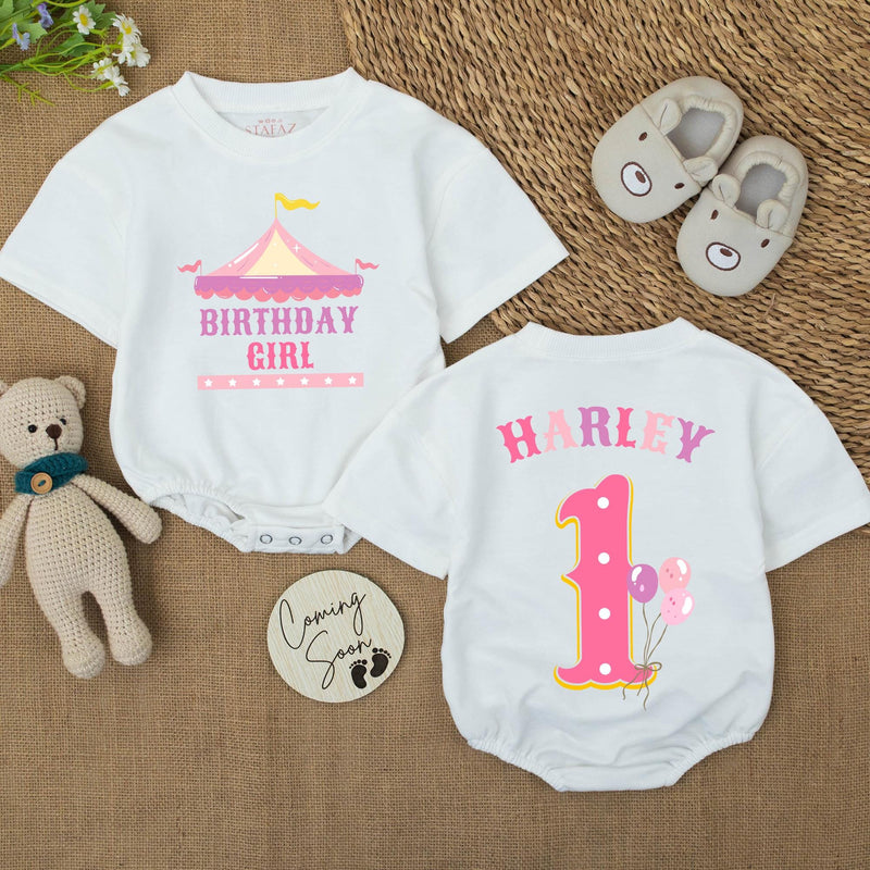 Custom First Birthday Girl Shirt with Pastel Circus Tent Design, Soft Pink Carnival Outfit, Baby Party Banner and Big Top Theme Decor