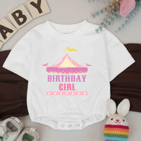 Custom First Birthday Girl Shirt with Pastel Circus Tent Design, Soft Pink Carnival Outfit, Baby Party Banner and Big Top Theme Decor