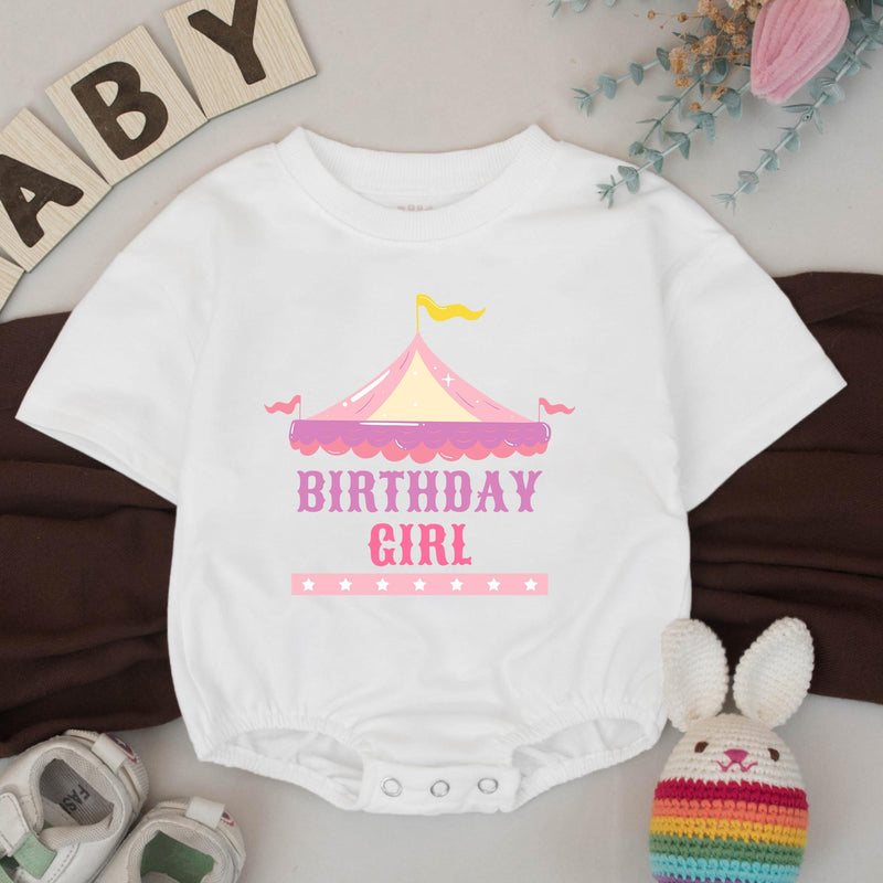 Custom First Birthday Girl Shirt with Pastel Circus Tent Design, Soft Pink Carnival Outfit, Baby Party Banner and Big Top Theme Decor