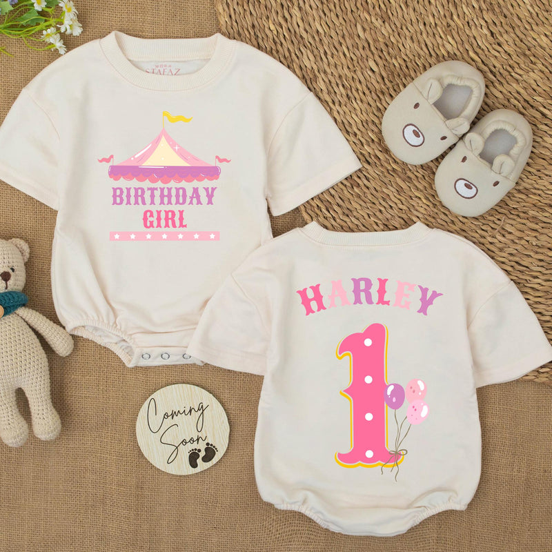 Custom First Birthday Girl Shirt with Pastel Circus Tent Design, Soft Pink Carnival Outfit, Baby Party Banner and Big Top Theme Decor