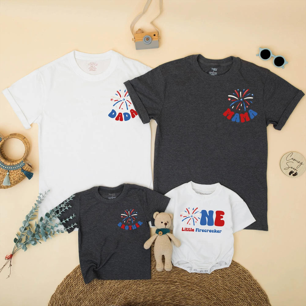 Custom First Birthday Matching Family Shirts, One Little Firecracker Romper, 4th of July Outfit for Baby, Mom, Dad, Kids Patriotic Clothes
