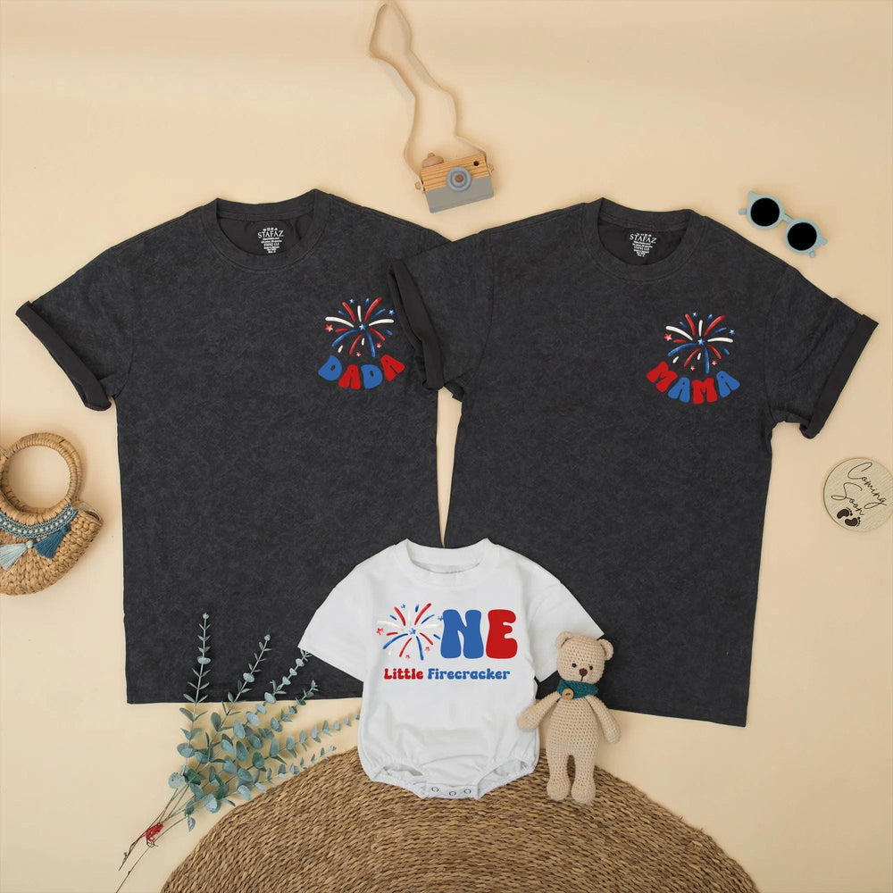 Custom First Birthday Matching Family Shirts, One Little Firecracker Romper, 4th of July Outfit for Baby, Mom, Dad, Kids Patriotic Clothes