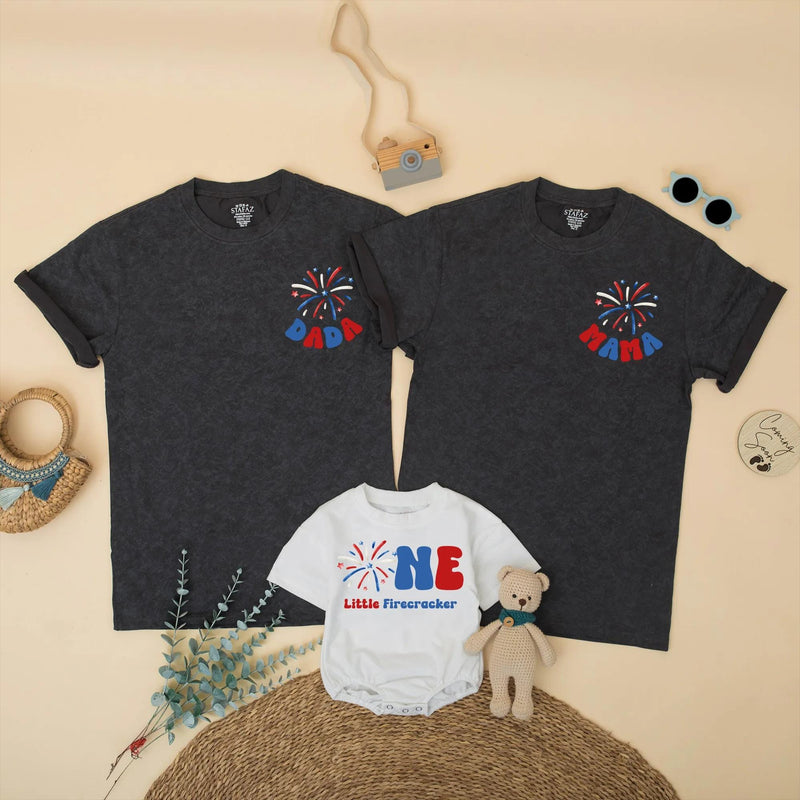 Custom First Birthday Matching Family Shirts, One Little Firecracker Romper, 4th of July Outfit for Baby, Mom, Dad, Kids Patriotic Clothes