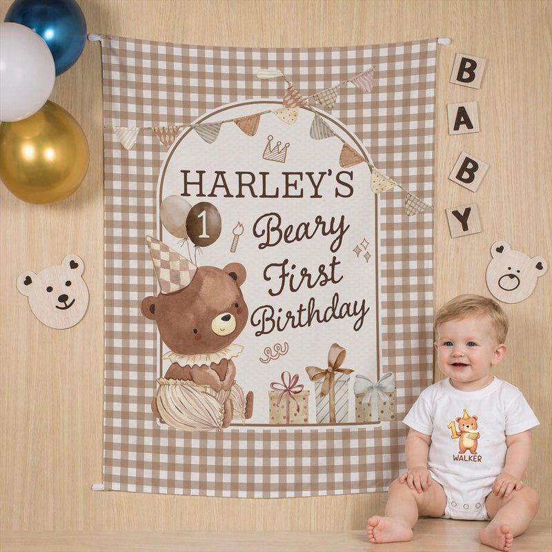 Custom First Birthday Outfit with Bear Design Baby Romper and Silk Party Banner Neutral Brown Tan Cream Personalized Name Walker