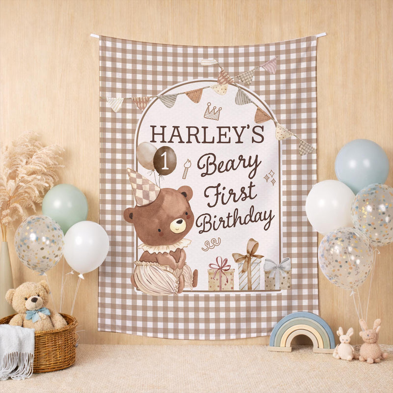 Custom First Birthday Outfit with Bear Design Baby Romper and Silk Party Banner Neutral Brown Tan Cream Personalized Name Walker