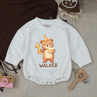 Custom First Birthday Outfit with Bear Design Baby Romper and Silk Party Banner Neutral Brown Tan Cream Personalized Name Walker