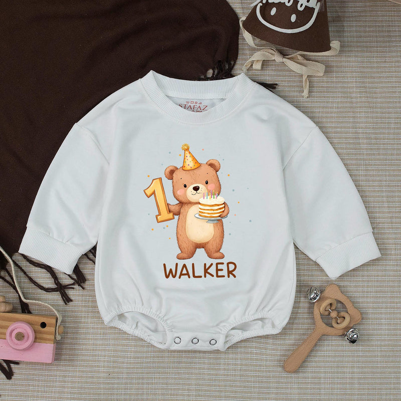 Custom First Birthday Outfit with Bear Design Baby Romper and Silk Party Banner Neutral Brown Tan Cream Personalized Name Walker