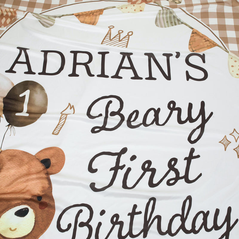 Custom First Birthday Outfit with Bear Design Baby Romper and Silk Party Banner Neutral Brown Tan Cream Personalized Name Walker