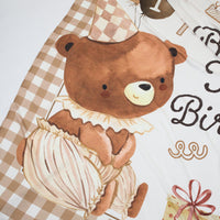 Custom First Birthday Outfit with Bear Design Baby Romper and Silk Party Banner Neutral Brown Tan Cream Personalized Name Walker