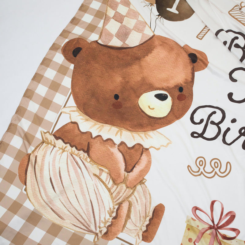 Custom First Birthday Outfit with Bear Design Baby Romper and Silk Party Banner Neutral Brown Tan Cream Personalized Name Walker