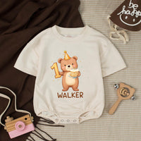 Custom First Birthday Outfit with Bear Design Baby Romper and Silk Party Banner Neutral Brown Tan Cream Personalized Name Walker