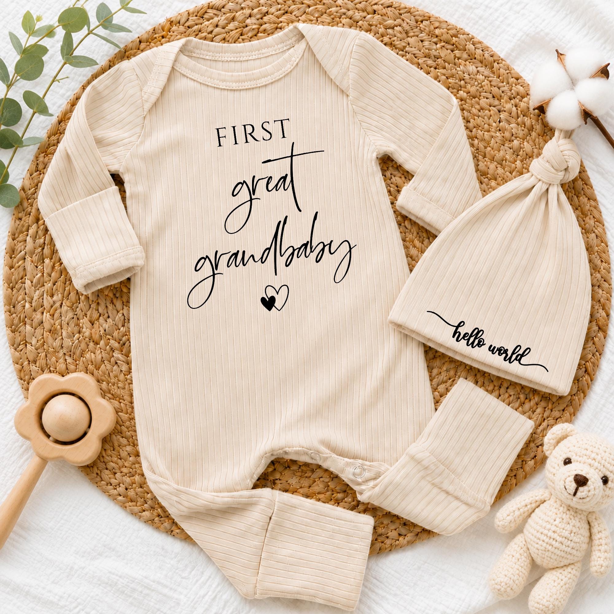 Custom First Great Grandbaby Baby Bodysuit and Hat Set, Beige Ribbed Cotton Newborn Outfit, Baby Shower Gift, Coming Home Outfit