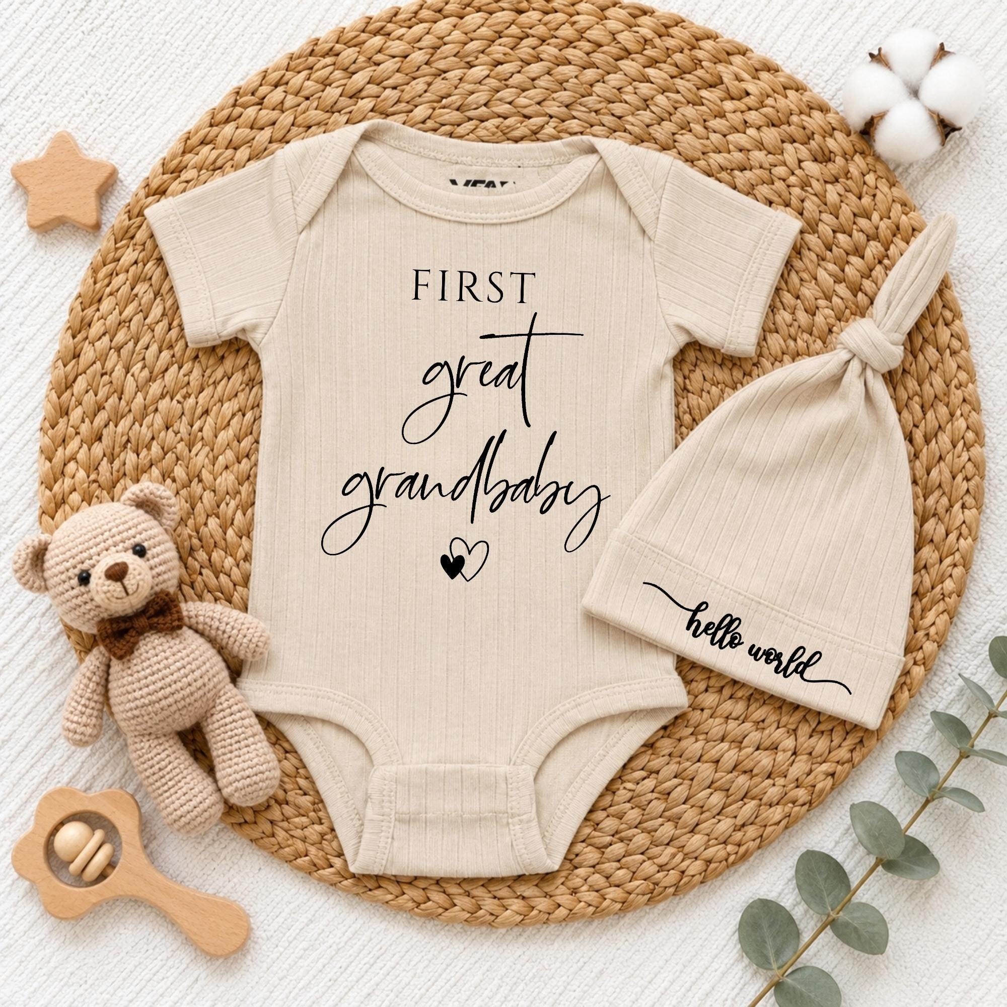 Custom First Great Grandbaby Baby Bodysuit and Hat Set, Beige Ribbed Cotton Newborn Outfit, Baby Shower Gift, Coming Home Outfit