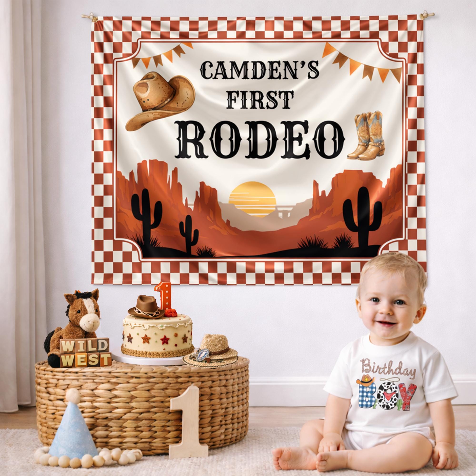Custom First Rodeo Birthday Outfit Baby Boy Cowboy Romper with Rustic Western Banner Personalized Party Set Gingham and Paisley Design