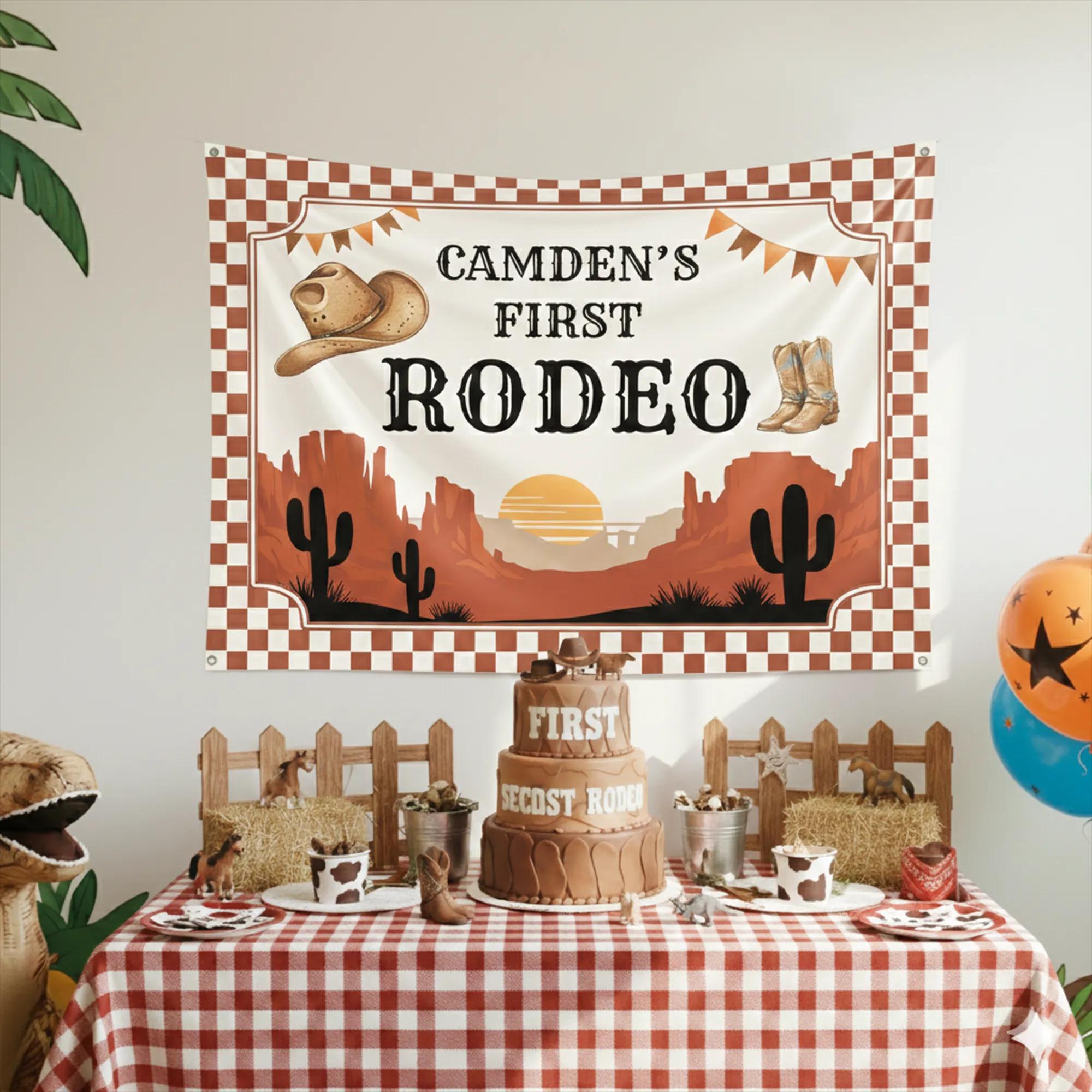Custom First Rodeo Birthday Outfit Baby Boy Cowboy Romper with Rustic Western Banner Personalized Party Set Gingham and Paisley Design