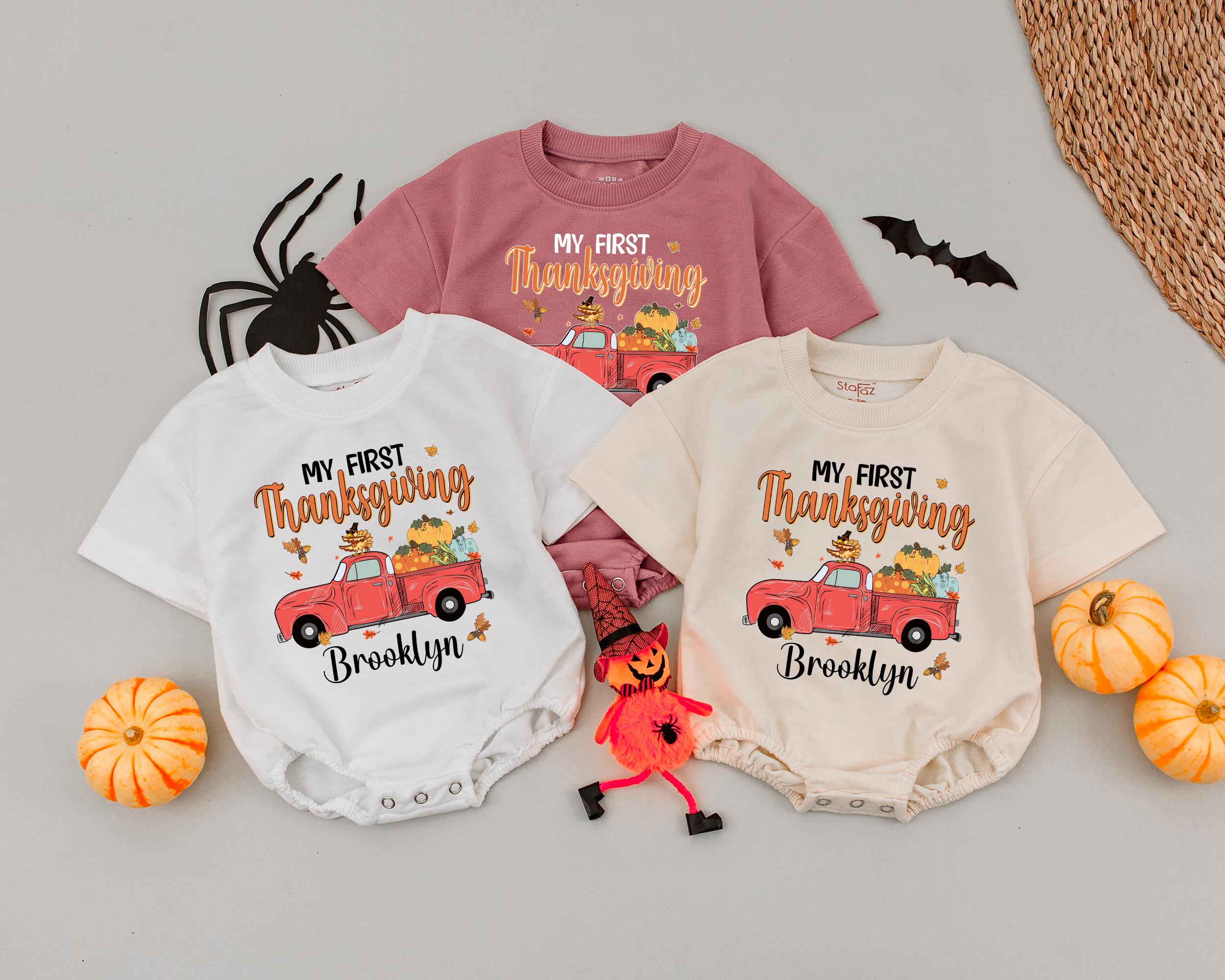 Custom First Thanksgiving Romper Baby Outfit with Red Truck Pumpkin Design Infant Holiday Bubble Romper Soft Cotton Fall Clothes