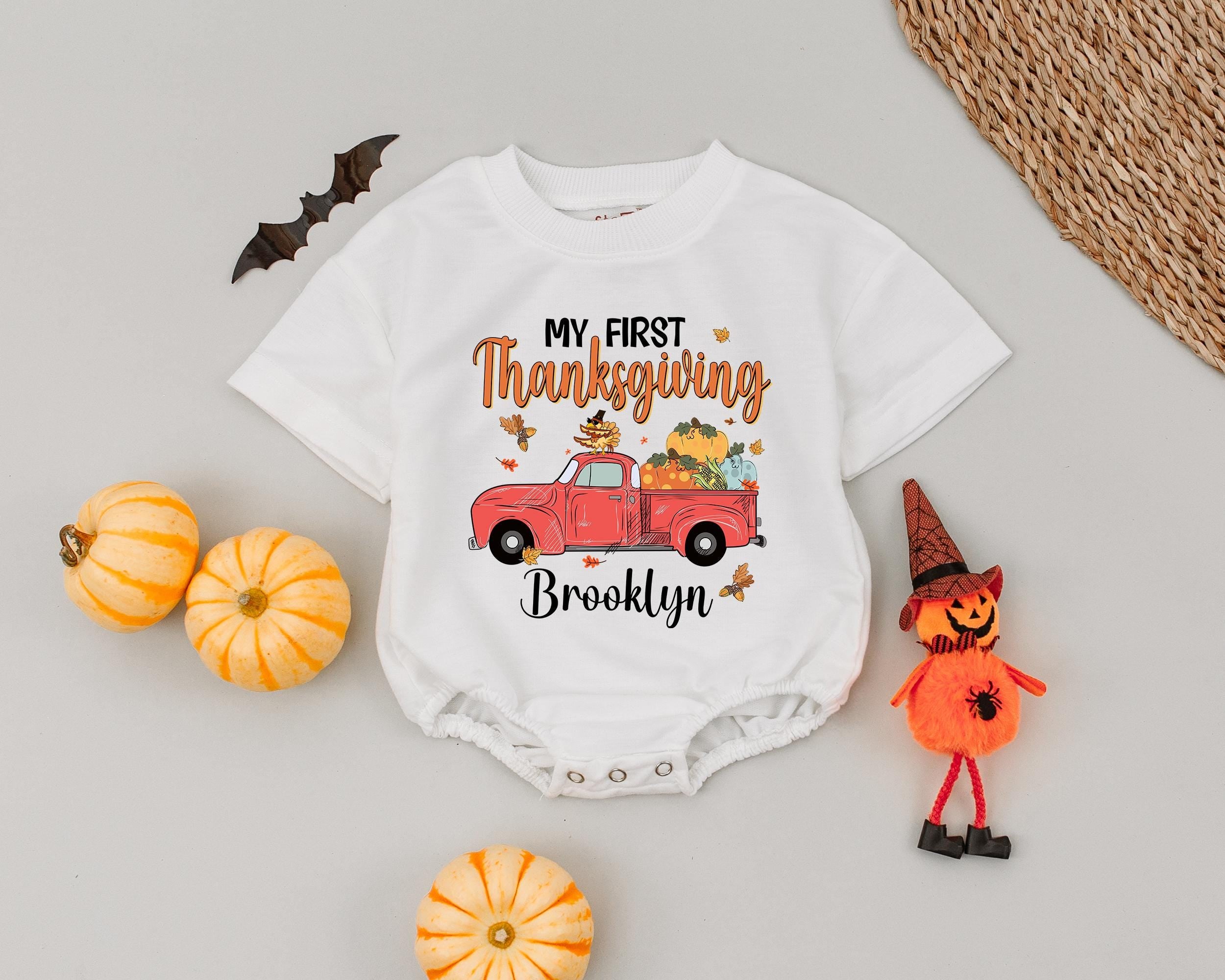 Custom First Thanksgiving Romper Baby Outfit with Red Truck Pumpkin Design Infant Holiday Bubble Romper Soft Cotton Fall Clothes