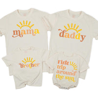 Custom First Trip Around the Sun Birthday Shirts, Boho Sunshine Family Matching Outfit for Baby, Kids, Mom & Dad in Soft Cotton