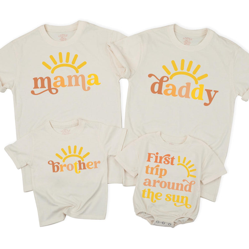 Custom First Trip Around the Sun Birthday Shirts, Boho Sunshine Family Matching Outfit for Baby, Kids, Mom & Dad in Soft Cotton