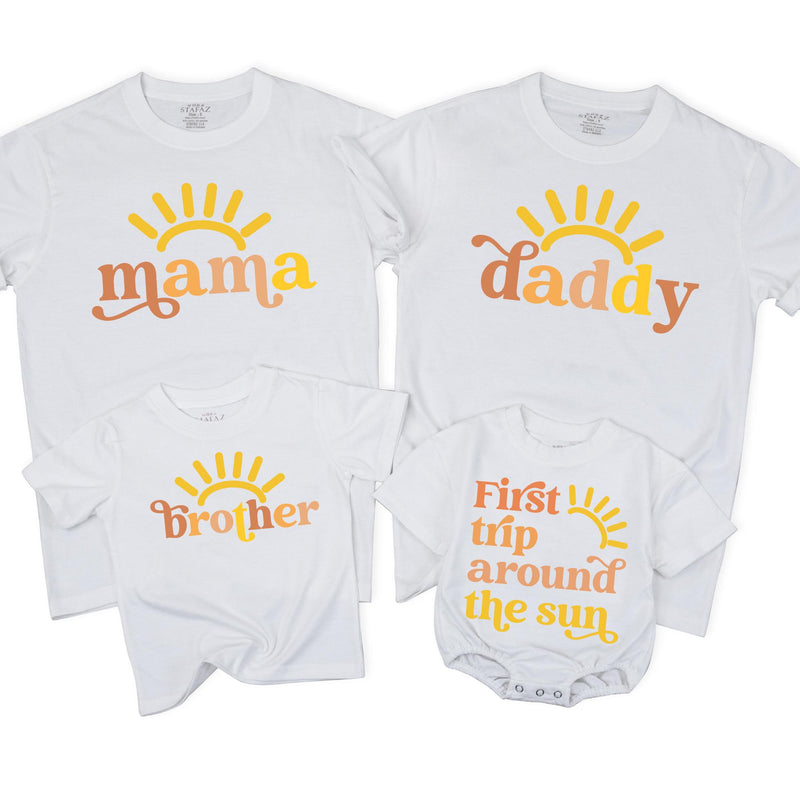 Custom First Trip Around the Sun Birthday Shirts, Boho Sunshine Family Matching Outfit for Baby, Kids, Mom & Dad in Soft Cotton