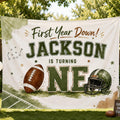 Custom First Year Down Football Birthday Silk Banner for Baby's 1st Birthday Party, Personalized with Name, Vibrant Watercolor Design