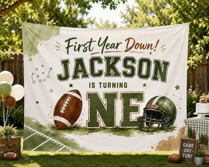 Custom First Year Down Football Birthday Silk Banner for Baby's 1st Birthday Party, Personalized with Name, Vibrant Watercolor Design