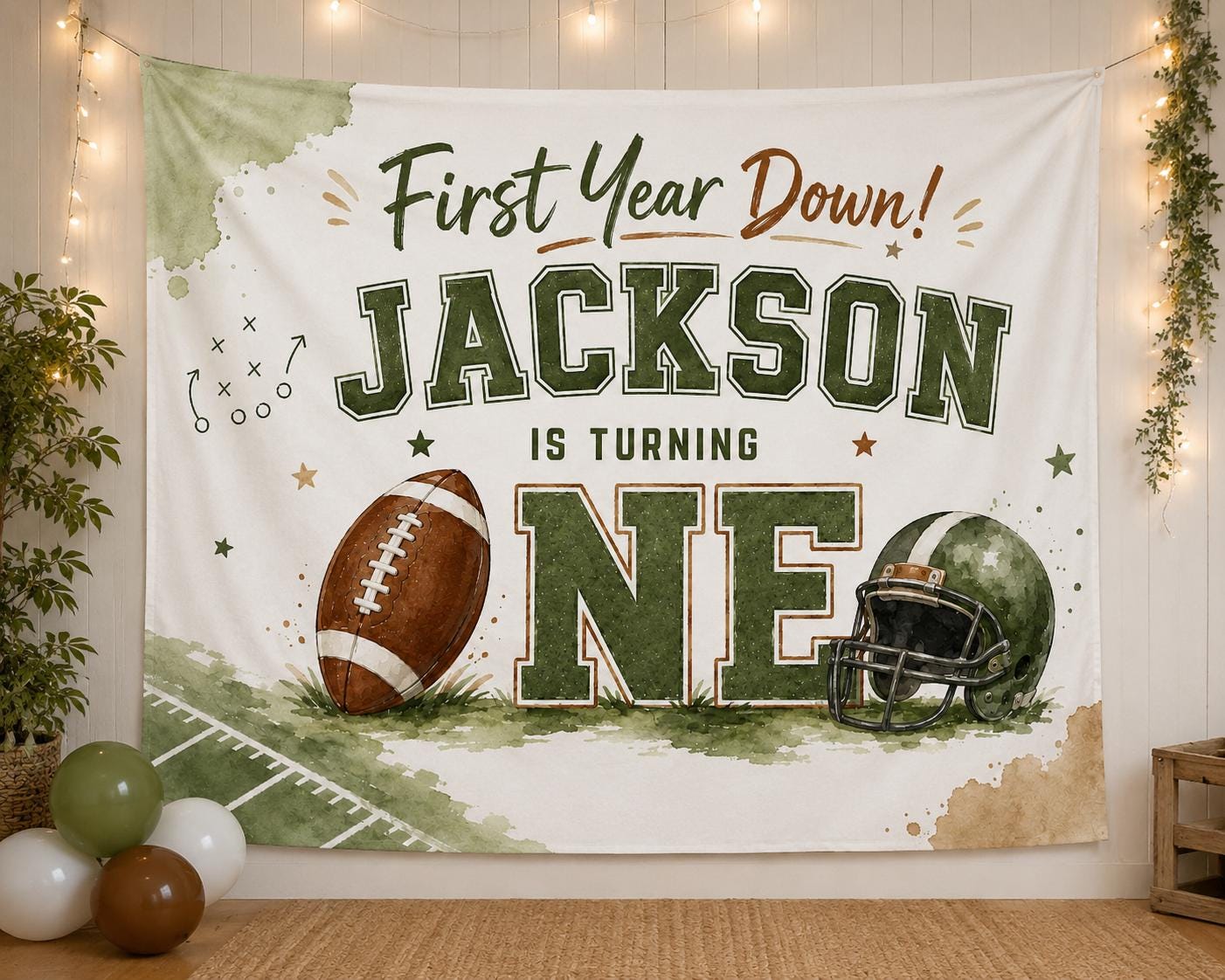 Custom First Year Down Football Birthday Silk Banner for Baby's 1st Birthday Party, Personalized with Name, Vibrant Watercolor Design