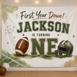 Custom First Year Down Football Birthday Silk Banner for Baby's 1st Birthday Party, Personalized with Name, Vibrant Watercolor Design