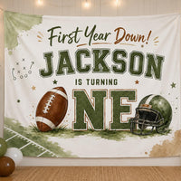 Custom First Year Down Football Birthday Silk Banner for Baby's 1st Birthday Party, Personalized with Name, Vibrant Watercolor Design