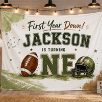 Custom First Year Down Football Birthday Silk Banner for Baby's 1st Birthday Party, Personalized with Name, Vibrant Watercolor Design