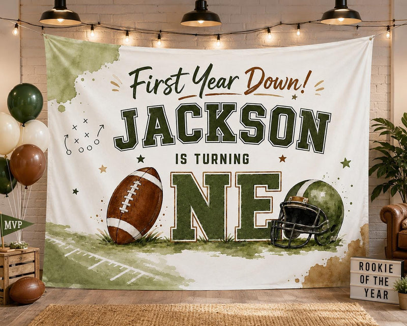 Custom First Year Down Football Birthday Silk Banner for Baby's 1st Birthday Party, Personalized with Name, Vibrant Watercolor Design