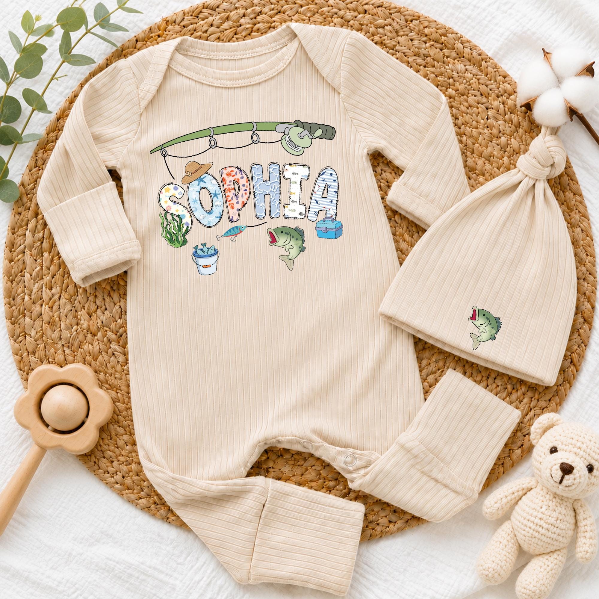 Custom Fishing Baby Bodysuit & Hat Set with Name, Soft Cotton Newborn Outfit for Little Fisherman, Baby Shower Gift, Coming Home Clothes