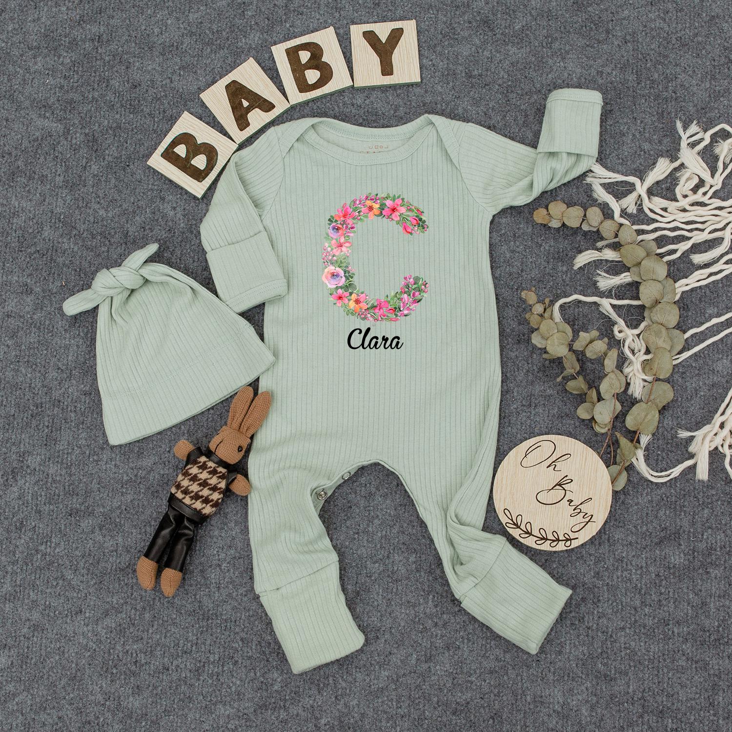 Custom Floral C Baby Girl Bodysuit and Hat Set Newborn Outfit Personalized Clara Gift Soft Cotton Infant Clothing