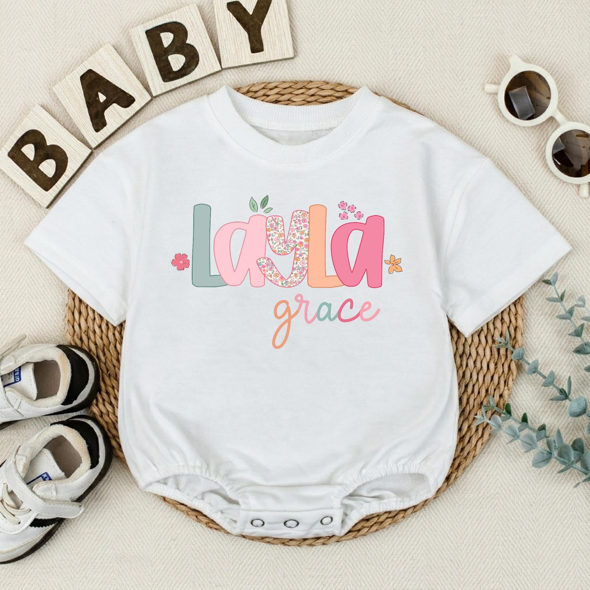 Custom Floral Baby Girl Bubble Romper with Name, Soft Cotton Summer Outfit, Matching Family Newborn Coming Home Clothes, Baby Shower Gift