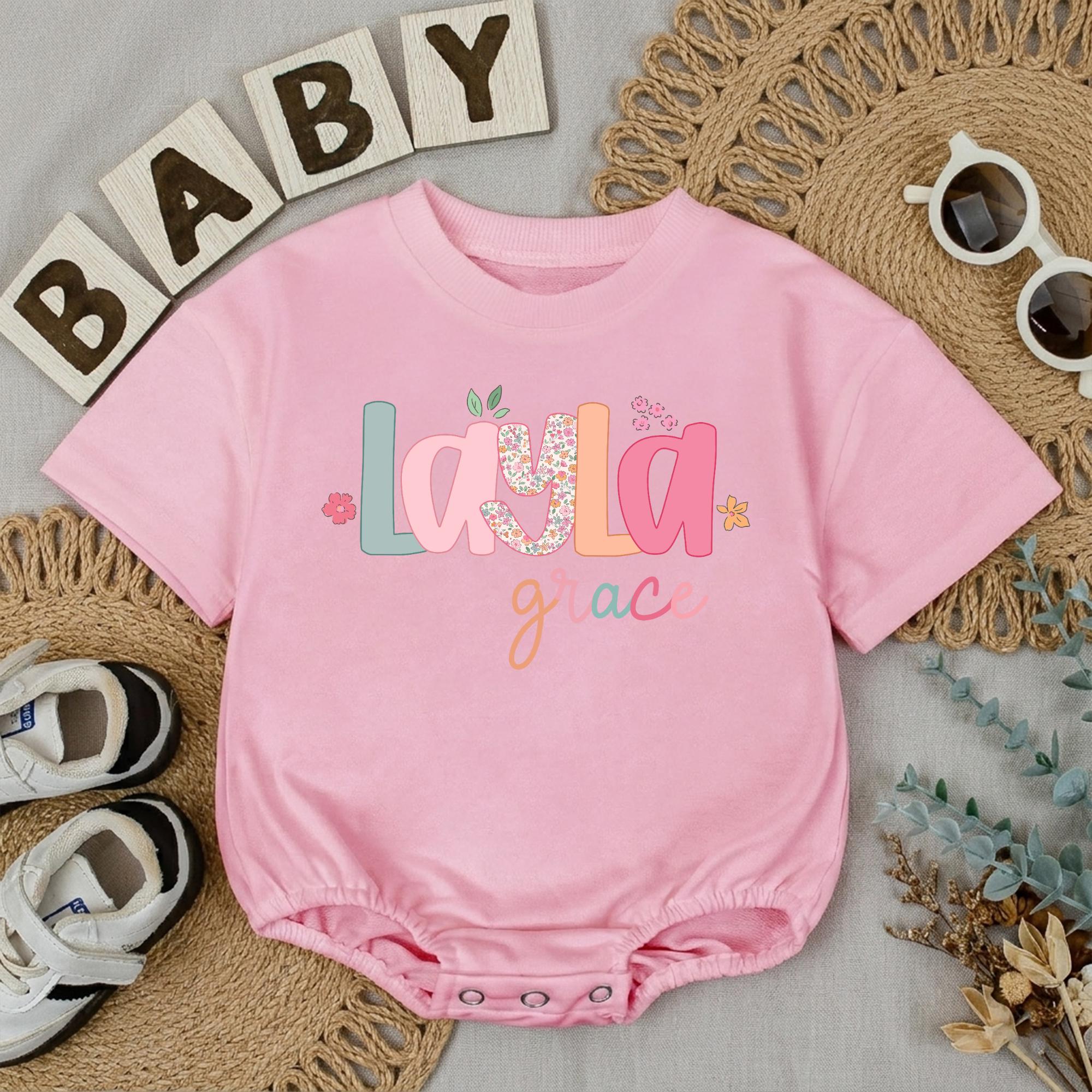 Custom Floral Baby Girl Bubble Romper with Name, Soft Cotton Summer Outfit, Matching Family Newborn Coming Home Clothes, Baby Shower Gift