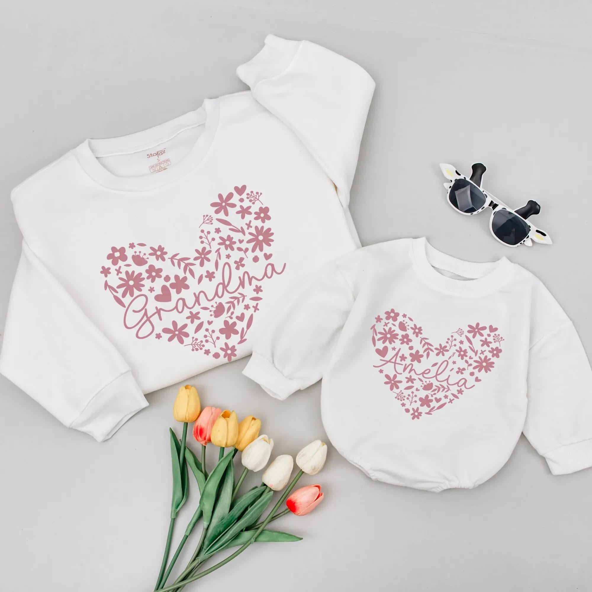 Custom Floral Heart Matching Grandma & Granddaughter Shirts, Soft Cotton Family Outfit, Perfect Mother’s Day Gift or Birthday Photos