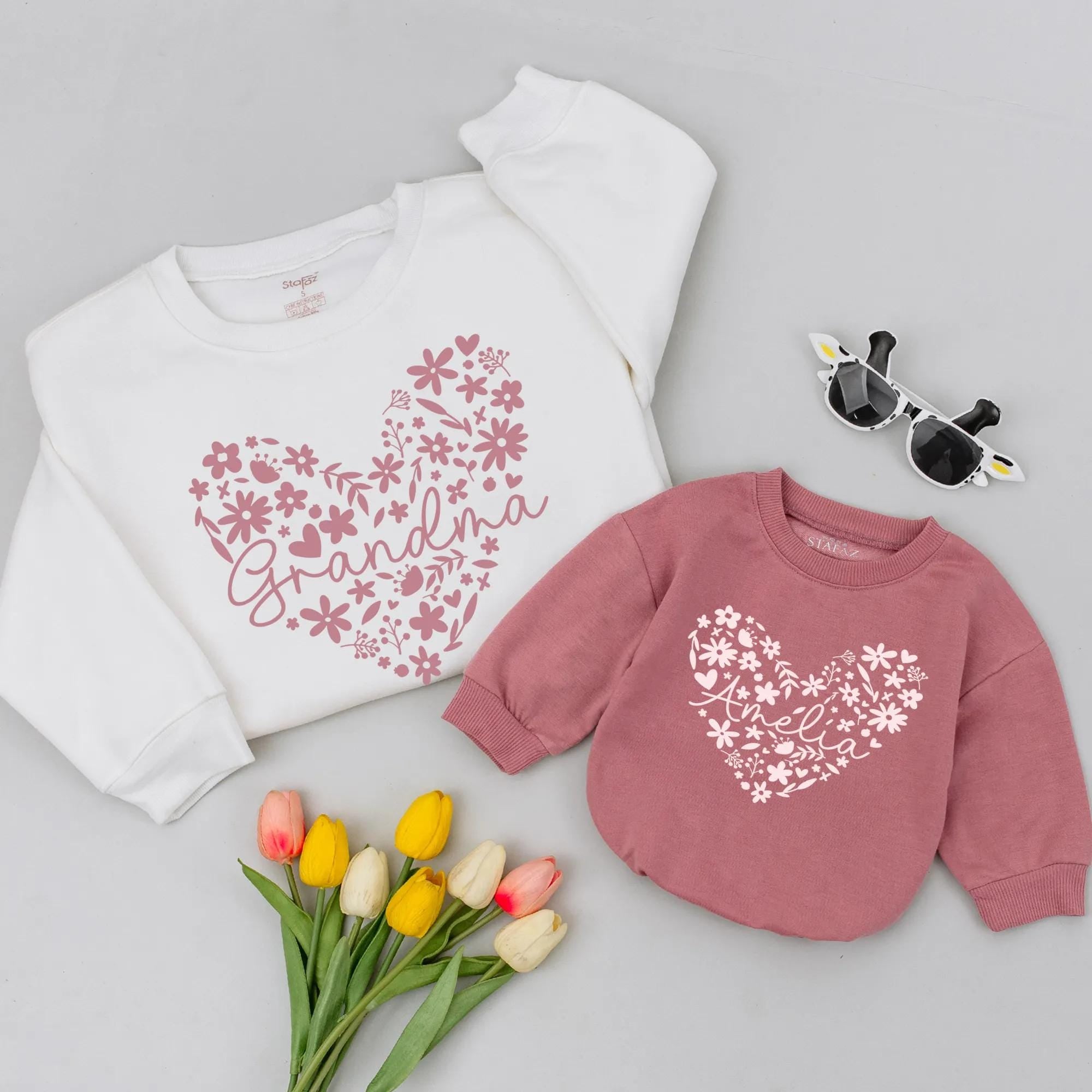 Custom Floral Heart Matching Grandma & Granddaughter Shirts, Soft Cotton Family Outfit, Perfect Mother’s Day Gift or Birthday Photos