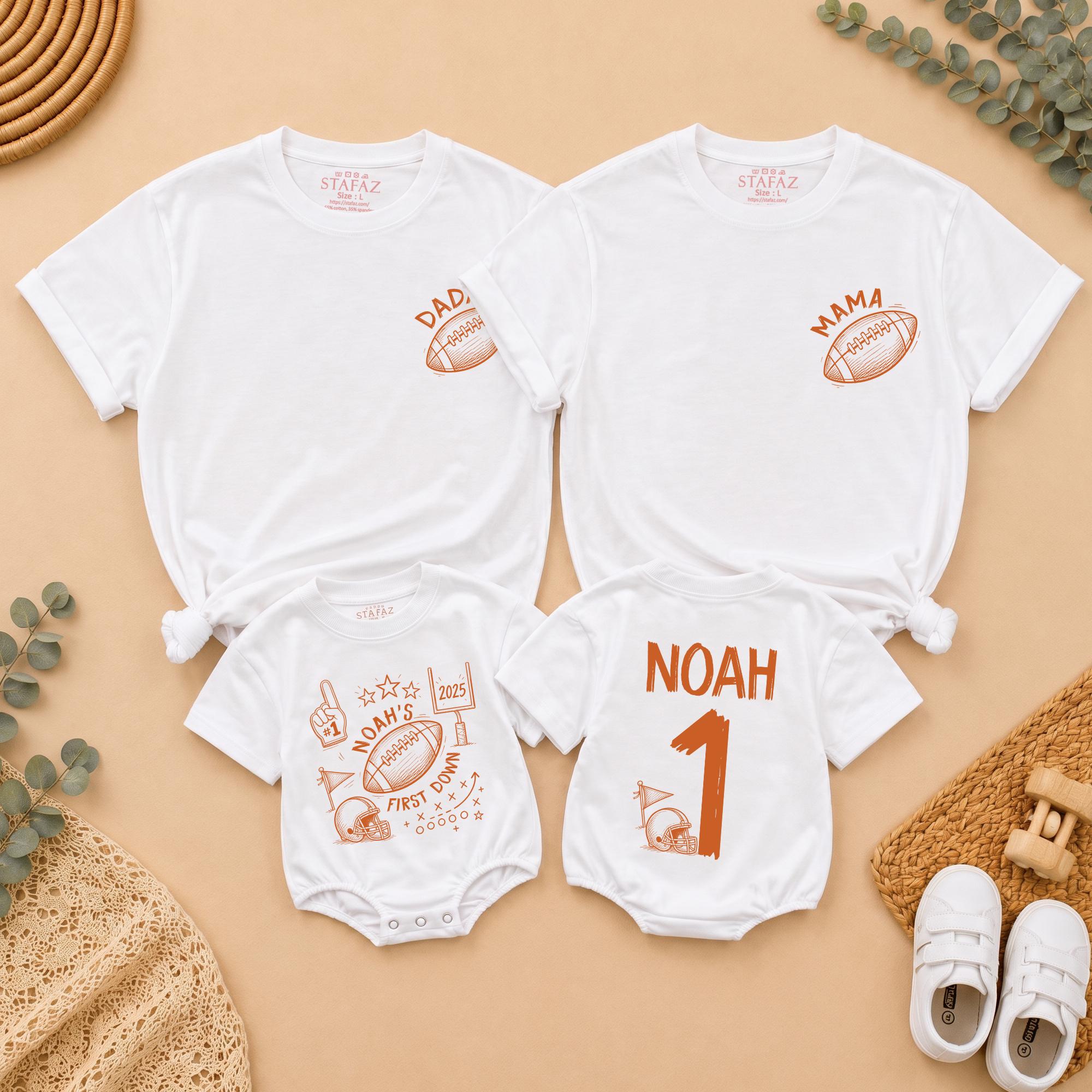 Custom Football 1st Birthday Outfit for Baby, Toddler & Family - Soft Cotton Romper & T-Shirts, Personalized Name & Age Party Set