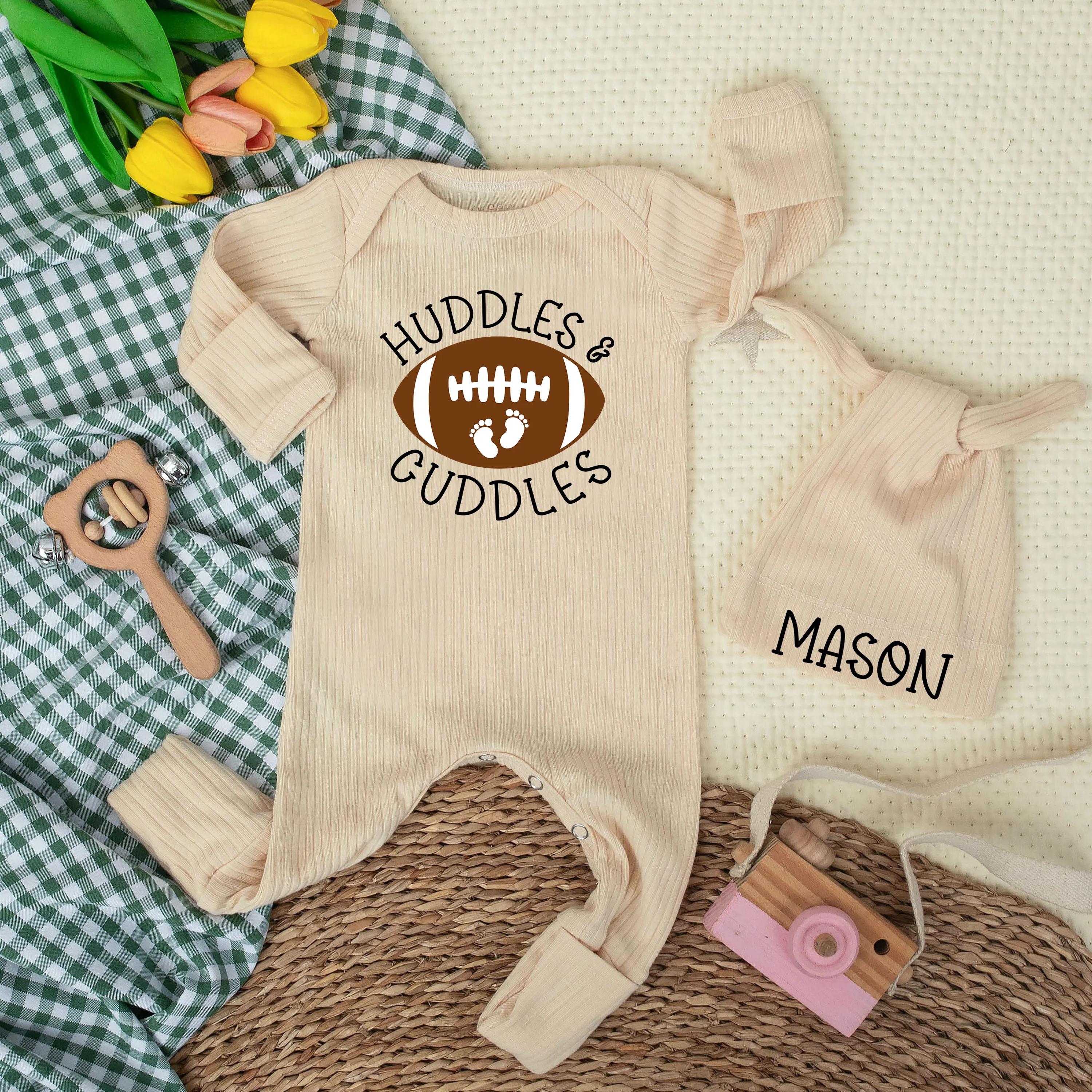 Custom Football Baby Bodysuit with Huddles & Cuddles Design, Soft Cotton Newborn Romper, Personalized Hat, Sport Baby Shower Gift Outfit