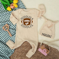 Custom Football Baby Bodysuit with Huddles & Cuddles Design, Soft Cotton Newborn Romper, Personalized Hat, Sport Baby Shower Gift Outfit