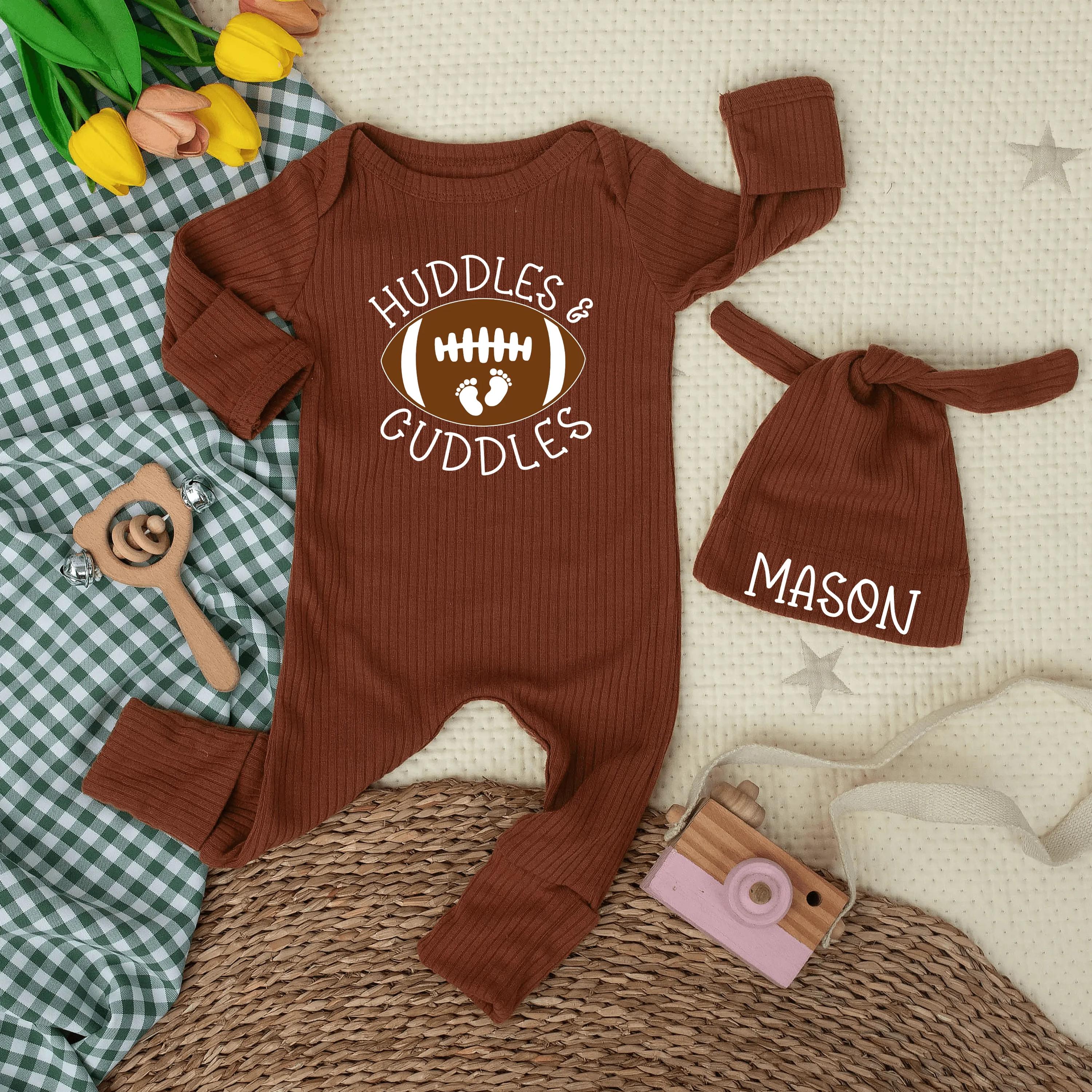 Custom Football Baby Bodysuit with Huddles & Cuddles Design, Soft Cotton Newborn Romper, Personalized Hat, Sport Baby Shower Gift Outfit