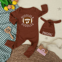 Custom Football Baby Bodysuit with Huddles & Cuddles Design, Soft Cotton Newborn Romper, Personalized Hat, Sport Baby Shower Gift Outfit