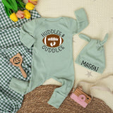 Custom Football Baby Bodysuit with Huddles & Cuddles Design, Soft Cotton Newborn Romper, Personalized Hat, Sport Baby Shower Gift Outfit